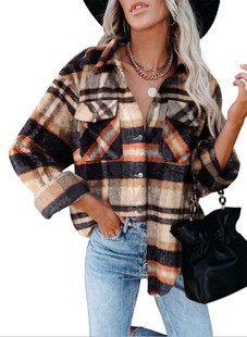 Cross-border European and American Foreign Trade Women's 2024 Autumn and Winter New Amazon Women's Plaid Shirt Woolen Buckle Coat