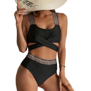 Swimsuit 2023 Cross-border Explosive Edition European and American Foreign Trade Amazon Split High Waist Cross Strap Bikini Swimsuit
