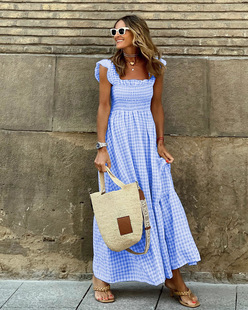 2024 Summer European and American Women's Vintage Plaid Sleeveless Pleated dress Thin Shoulder Belt Ruffled Dress