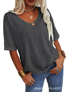 Women's T-shirt V-neck Half-sleeve Loose Shirt Casual Solid Color Basic Top