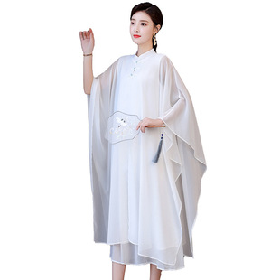 Zen Dance Costume Women's Three-Layer suit Tea Chinese Style Fairy Fan White Zen Style Elegant New Chinese Style Women's dress