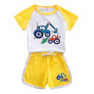 Excavator printed boys' summer suit 2023 new children's cotton short-sleeved shorts casual thin two-piece suit