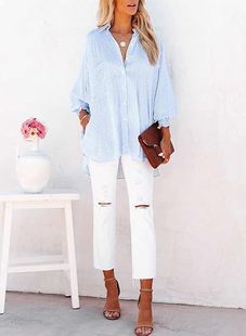 2024 European and American Amazon Explosions Cross-border Striped Lel Loose Casual Shoulder Sleeve Shirt Women's Clothing