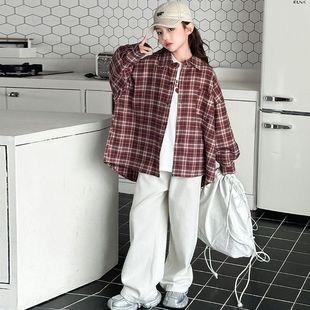 Girls' Spring and Autumn Casual Plaid Shirt 2025 New Spring Korean Long Sleeve Shirt Base Shirt Two Pieces