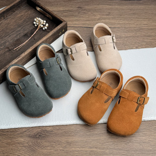 Korean Style Children's Genuine Leather Birkenth Shoes Girls' Leather Soft Sole Shoes 2024 Spring and Autumn New Baby Vintage Single-layer Shoes