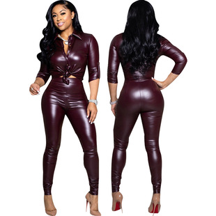 SMR10815 Cross-border Platform Amazon New European and American Sexy Fashion Stretch Pu Leather Set Two-piece Set