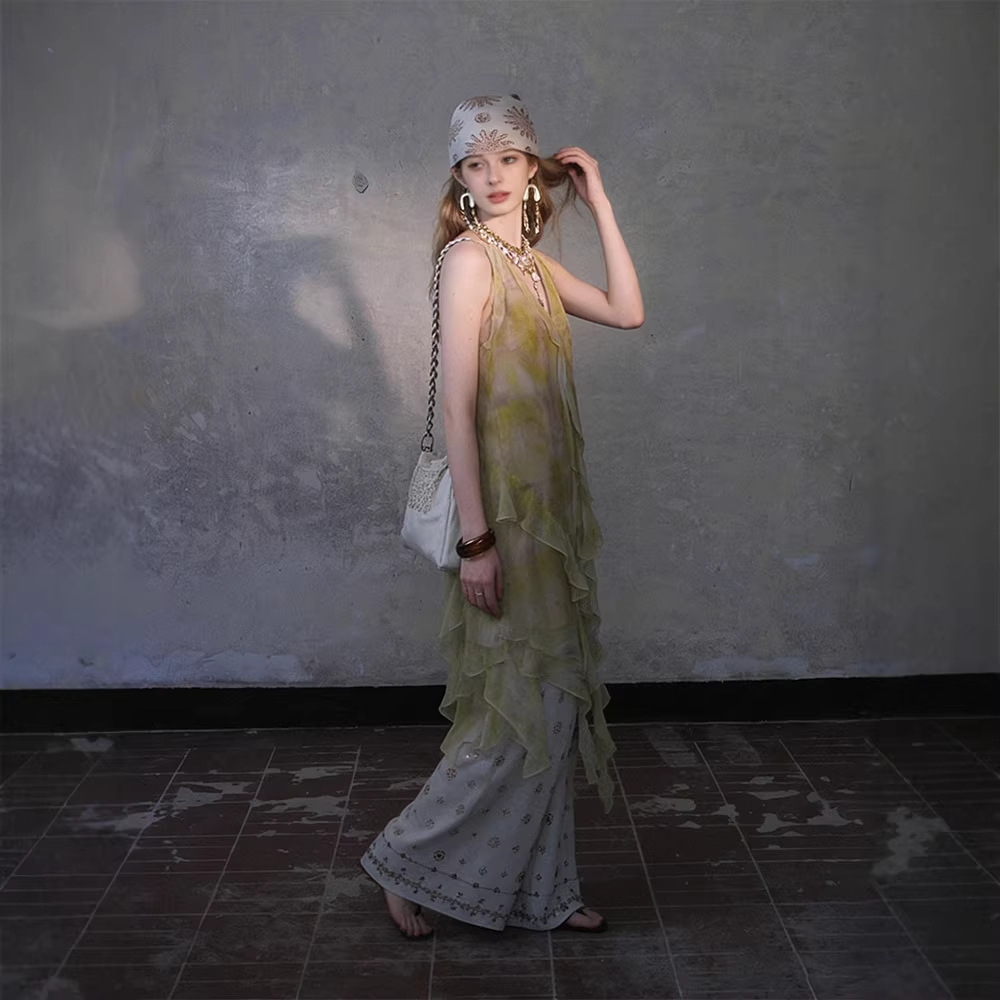 Lemon Tree at Sunset: New Spring/Summer Boho Chic Ruffled Halter Neck Two-Way Wear Dress