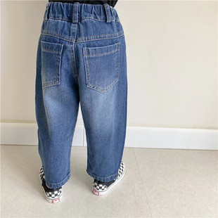Children's pants 2022 Autumn New Korean style boys and girls Children's gradient contrast color edge Denim distressed harem pants