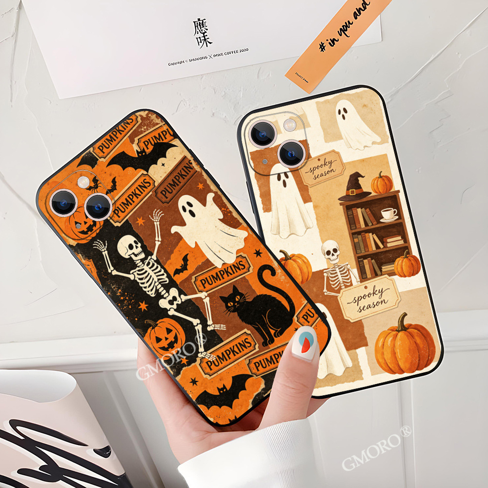 Cross-Border American Retro Halloween Phone Case with Skull and Black Cat Collage for Apple 18Pro, Wholesale in Stock