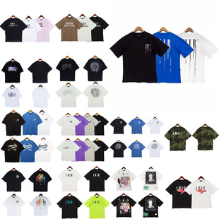 Cross-border AMIRI High Version Short-sleeved Printed Letter Clothes Men's T-shirt Trendy Brand Reengraved Hip-hop Loose Summer Round Neck