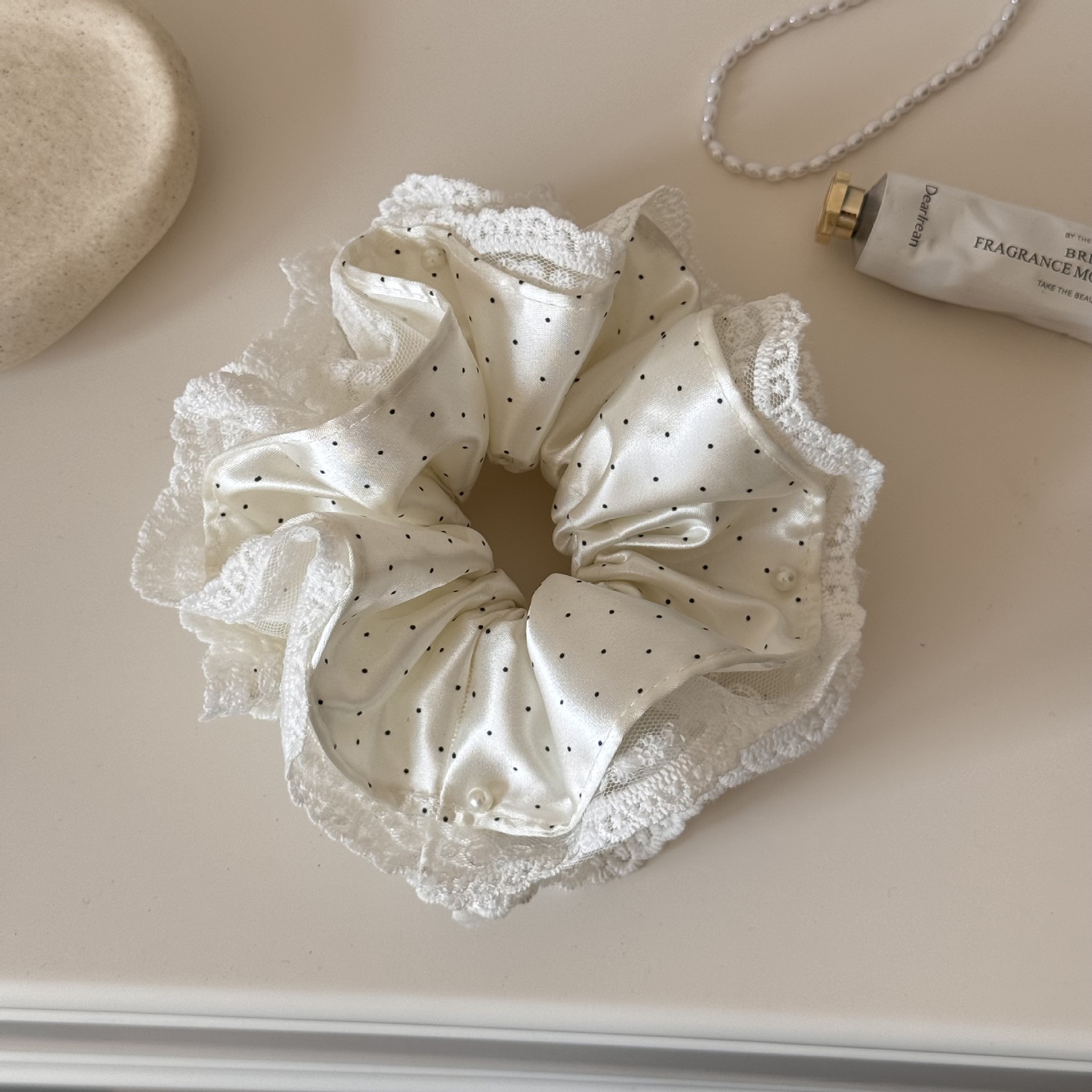 High-End Satin Polka Dot Lace Double-Layer Scrunchie for Women, Elegant Hair Tie for Bun Hairstyles