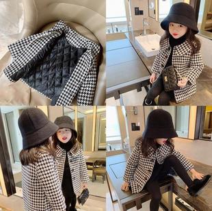 2023 autumn and winter children's clothing Korean children's coat baby girl's houndstooth top girl's cotton long coat