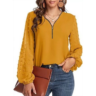 Cross-border European and American Autumn Women's Turtleneck V-neck Zipper Collage Outline Long Sleeve Lantern Sleeve Solid Color All-match Base Shirt