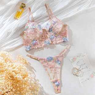 Cross-border explosions color flower embroidery fishbone vest thong suit sexy hollow sexy underwear wholesale