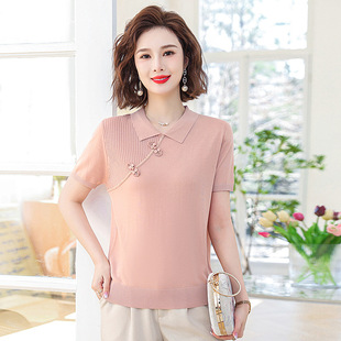 Young mother's summer wear buckle top middle-aged and elderly lapel Western style yarn sleeve T-shirt middle-aged thin summer wear