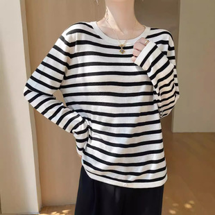 Striped Knit Women's Round Neck Loose Contrast Color Fashion Lazy Style All-match Black Blue Red Europe and America Southeast Asia