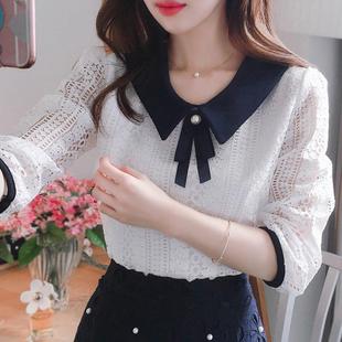 Doll Collar Lace Base Shirt Women's Long Sleeve Spring and Summer Korean Style Chiffon Shirt Slim Shirt Top