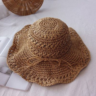 Hyun Ya Style Color Wooden Beads Straw Hat Women's Summer Hollow-out Big Brim Sunshade Sunscreen Hat Foldable Fisherman's Hat Trendy