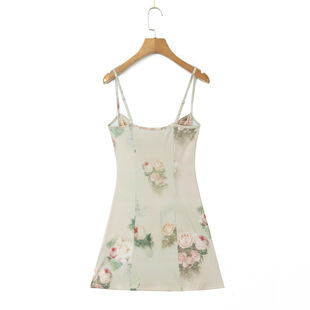 23 summer new women's fashion hot girl vintage flower print pure desire sexy low-cut slimming A- line sling dress
