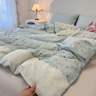 New Fresh Wrinkled Yarn Washed Cotton Vintage Lace Bed Sheet Four-piece Set Student Dormitory Three-piece Bedding