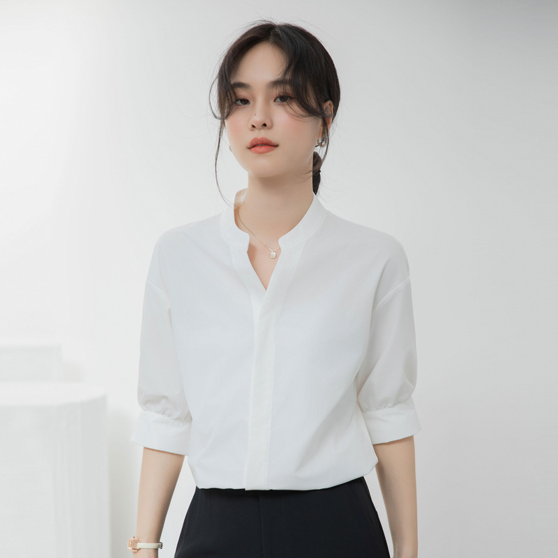2025 New Summer White French Stand-Up Collar Shirt Women's Short-Sleeved Interview Elegant Formal Professional Work Clothing Ol Shirt