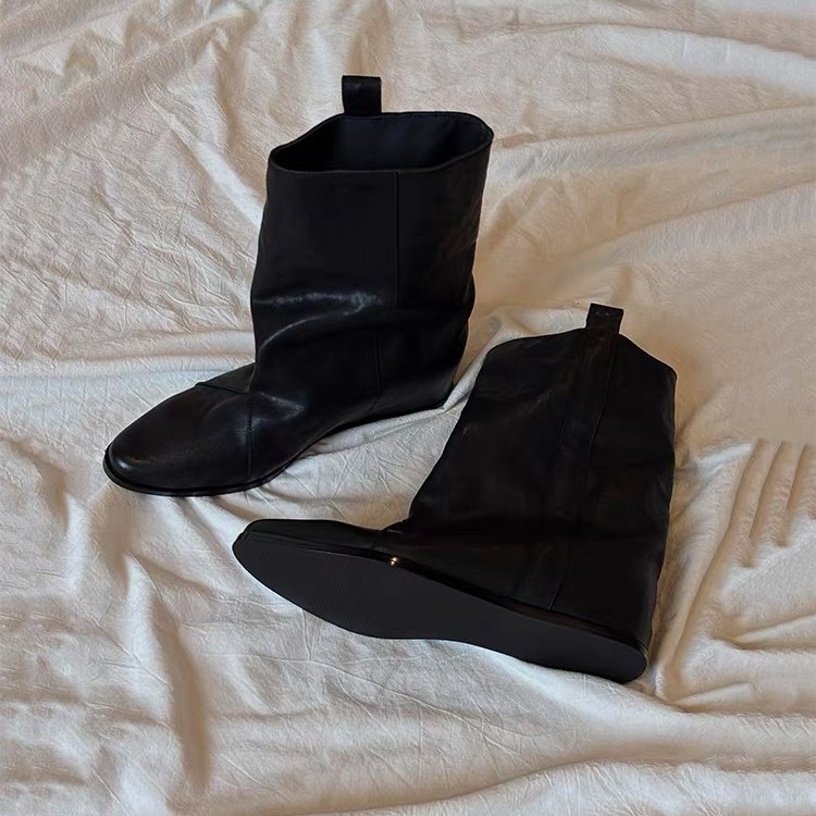 In-stock version~Vintage niche loose-fitting mid-calf boots with internal height increase for women, 2026 new versatile western boots, stacked boots