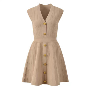 Cross-Border Women's Fashion Socialite V-Neck Metal Buckle Short Dress Summer Sleeveless Tank Dress Vertical Ribbed Tight Knit Dress
