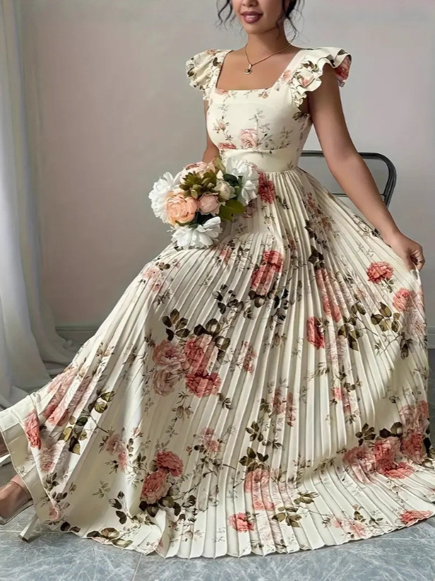 Cross-Border Amazon European and American Style Square-Neck Floral Long Dress 2026 Summer New Style with Small Flutter Sleeves and Pleated Waist Dress