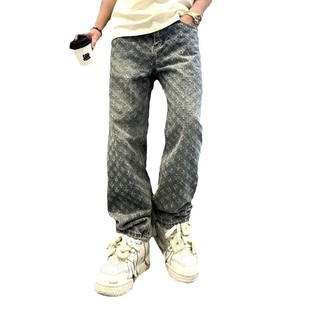 2024 Jacquard Full Print High Street Fashion Brand Ins Design Sense Jeans Loose Straight Washed Wide-Leg Long Pants