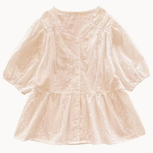 Breastfeeding Summer Shirt V-neck Lantern Sleeve Doll Shirt Top Loose plus size 2024 New Summer Shorts suit