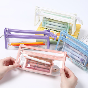 Ins Style Simple PVC Transparent Pencil Case Girl's Large Capacity Student Examination Stationery Bag High Color Value Zipper Storage Bag