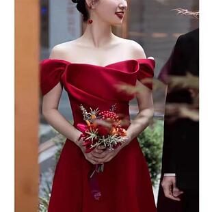 Off-shoulder toast dress bride wine red engagement dress usually can wear small temperament back-to-door dress for women