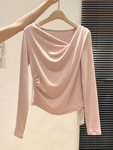 French Style Irregular V-Neck Collarbone Women's 2024 Autumn and Winter Ins Soft Waxy Collar Slim-fit Slimming Base Shirt Top