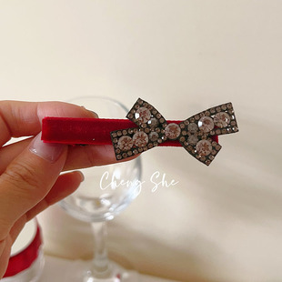 South Korea ins light luxury diamond velvet hairpin 2023 autumn and winter new high-grade side clip bow hairpin Black