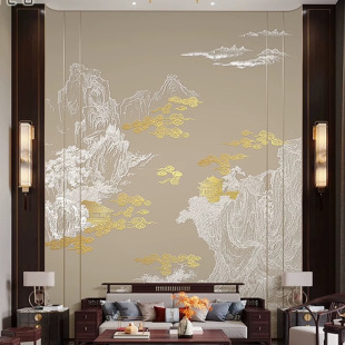 Light Luxury New Chinese Style Line Landscape Pavilion Building Background Wall Wallpaper Living Room Sofa Bedroom Wall Cloth Embossed Mural