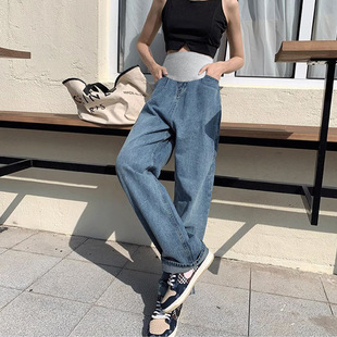 in stock New Pregnant Women's Pants Belly-supporting Outer Wear Fashionable Loose Casual Straight Korean Style Pregnant Women's Pants Denim Trousers