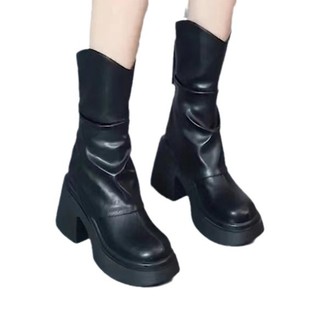 Small Thick Bottom Increased Middle Barrel Martin Boots Round Head Small V-cut New Thick Heel Waterproof Platform European and American Fashion Boots