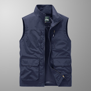 Four Seasons Middle-aged and Elderly Men's Vest Thin Dad Sleeveless Collar Multi-pocket Quick-drying Vest Cross-border plus size Waistcoat