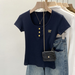 Factory Direct Embroidery Printing Shoulder Short-sleeved T-shirt Women's Commuter Summer New Elegant Niche Top