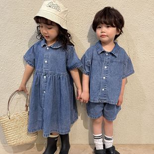 Children's summer Denim suit boys 2023 new baby short-sleeved summer clothes girls dress brothers and sisters clothes