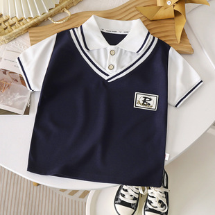 Summer Korean-style college-style children's POLO shirt fake two-piece short-sleeved T-shirt lapel half-sleeved top for boys and girls
