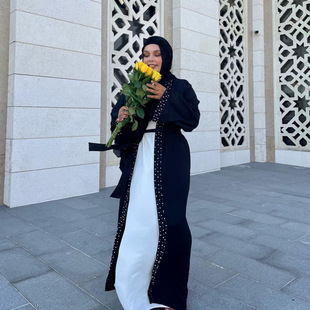 Arabian Women's Dress Turkish Middle Eastern Fashion Elegant Clear Color Bubble Beads Muslim Lace-Up Cardigan Robe