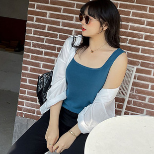 Large Size Wide Shoulder White Camisole Vest Women's Summer Outer Wear Suit with Ice Silk Base Knitted Sleeveless Top for Chubby Girls