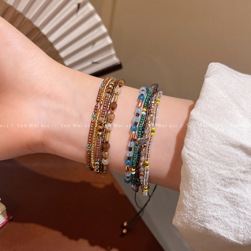 Bohemian Style Colorful Multi-Layered Beaded Bracelet for Women, High-End Temperament Bracelet, Ethnic Style Adjustable Hand Jewelry