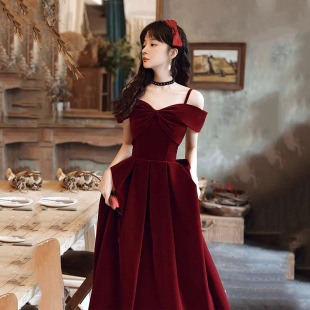 Red toast dress 2024 new bridal small engagement dress women's high-grade evening dress French style