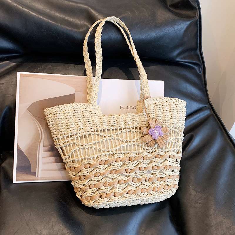 Summer openwork straw woven bag, women's handmade woven bag, large capacity shoulder tote bag, beach vacation bag, straw bag
