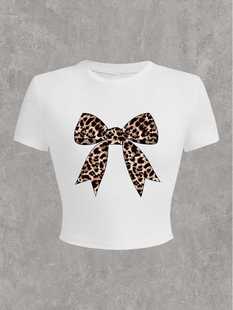 Cross-border European and American Ins Style American Leopard Bow Print Retro Navel Slim-fit Short-sleeved T-shirt