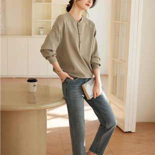 Half Open Collar Long Sleeve Sweat Women's 2024 Autumn New Commuting Simple Casual All-match Waisted Design Sense Top