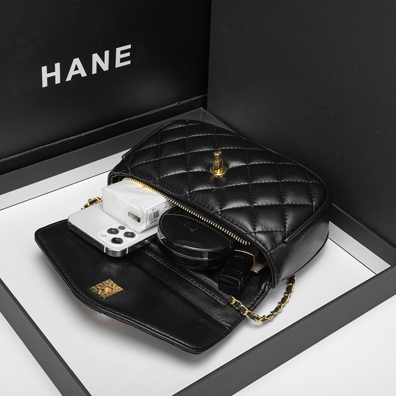 Genuine Leather Bag for Women 2024 New Trendy Chanel-Style Quilted Chain Small Gold Bead Bag Fashionable Shoulder Crossbody Bag