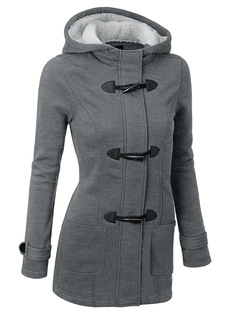 European and American Women's Coat Fashion Casual Solid Color Autumn and Winter Pocket Corner Leather Buckle Coat Jacket Hooded Cotton Coat